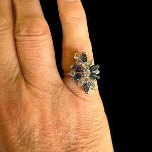 Vintage 18KT HGF Gold Sapphire blue gemstone and CZ cocktail ring Size 8-8.5